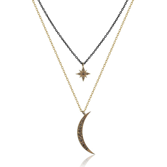 Diamond Moon and Star Double Chain Necklace