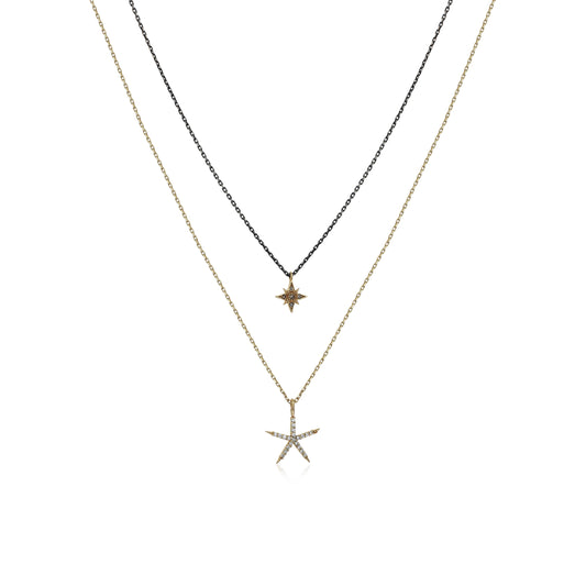 Diamond Starfish and Star Double Chain Necklace