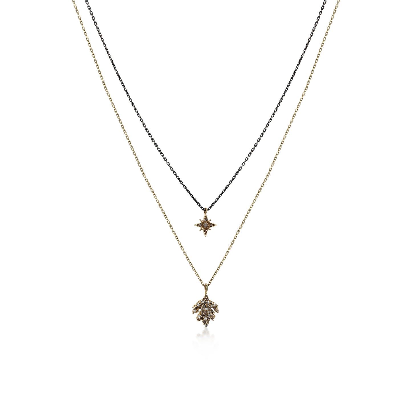 Diamond Leaf and Star Double Chain Necklace