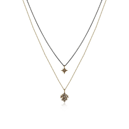 Diamond Leaf and Star Double Chain Necklace