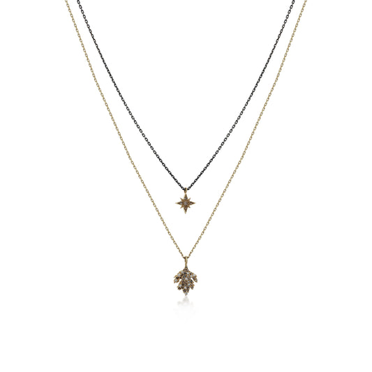 Diamond Leaf and Star Double Chain Necklace